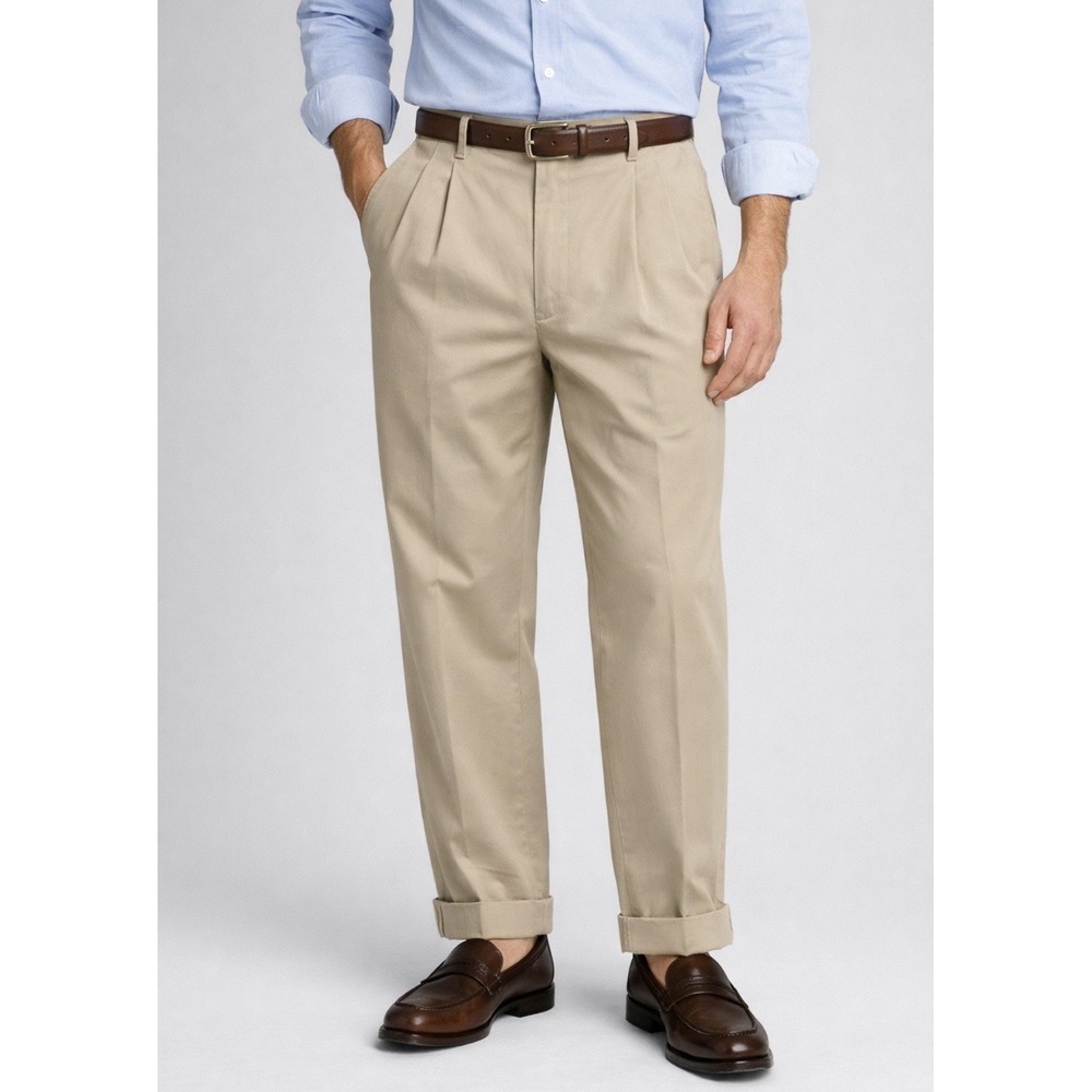 Brooks Brothers Elliot Pants Men's W37/L 32 Beige Cotton Pleated Front Cuff